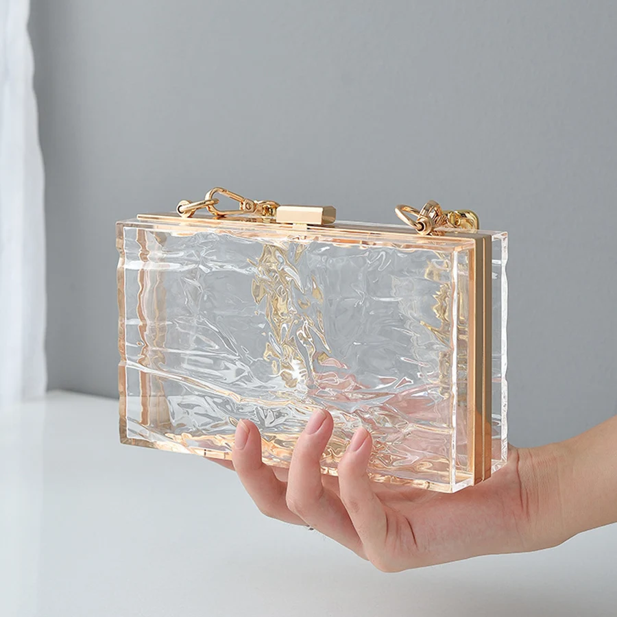 

Fashion Transparent Acrylic Box Women Handbags Ice Crack Design Chains Shoulder Crossbody Bags Clear Pvc Small Square Purses Sac