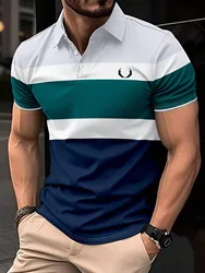 Camisa polo listrada minimalista masculina, lapela de manga curta, impressa digital 3D, tops de negócios e lazer, verão, novo, 2024