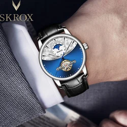 SKROX Moon Phase Automatic Man Accessory Watch Mechanical Waterproof Business knight Male Wristwatches Genuine Leather Clockwork