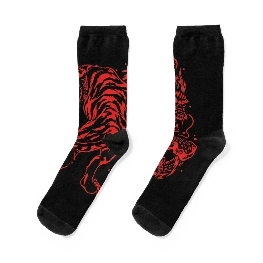 Tiger and Dragon Yin Yang Tattoo Style Red Print Socks essential kawaii designer Men Socks Luxury Brand Women's