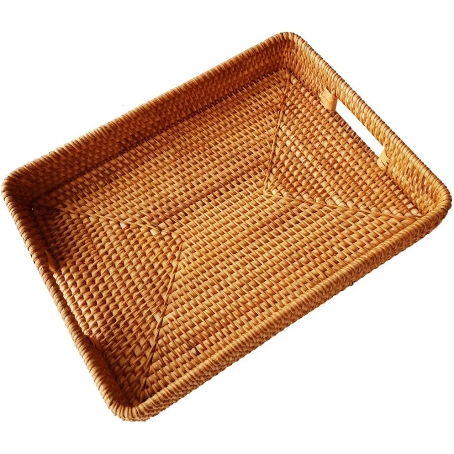 

17 Inch Oversize Handmade Rectangular Serving Trays with Cutout Handles and 2.3 WallDecorative Rattan Woven Storage Baskets Org