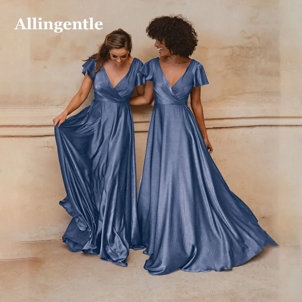 

Allingentle V-Neck Bridesmaid Dresses for Wedding 2024 Short Sleeves A-Line Elegant Satin Prom Party Gowns Formal Occasion Dress