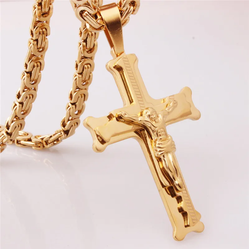 RAKOL Cross Jesus Crucifixion Necklace For Men Women Gold Silver Black Color Stainless Steel Byzanine Chain Crucifix Pendant