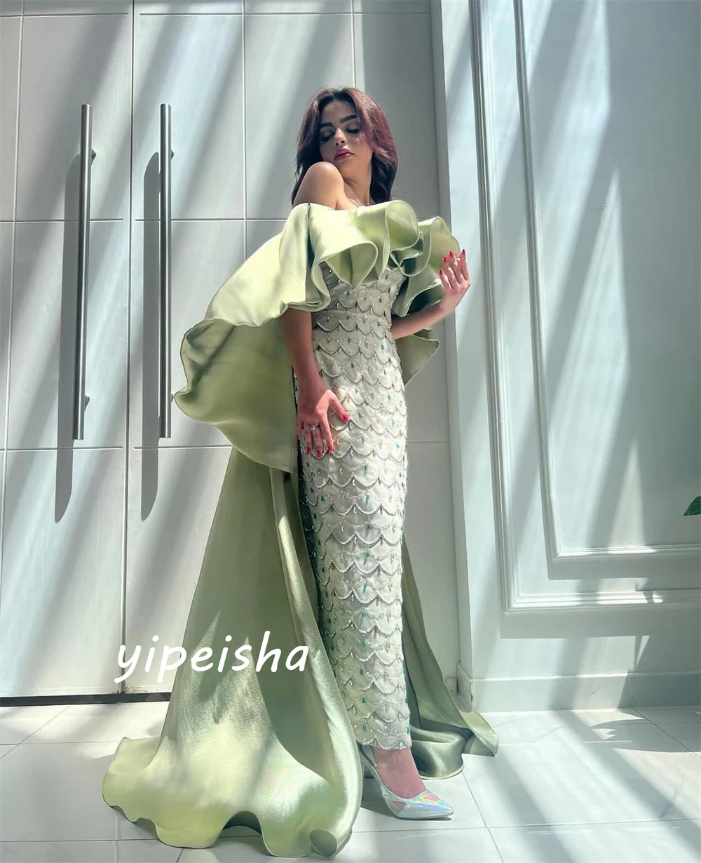 Customized Sparkle Intricate Off-the-shoulder A-line Formal Ocassion Gown Beading Paillette / Sequins Floor length Satin Evening