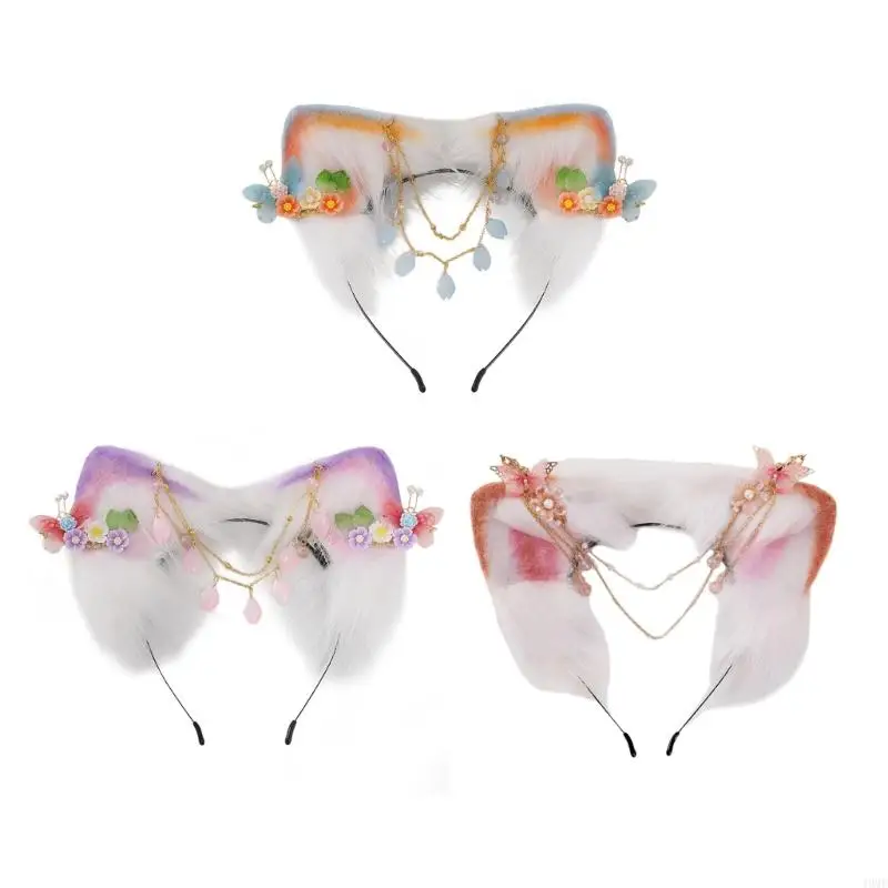 

49MF Chinese Ear Headband Vintage Headband with Forehead Chain&Flower