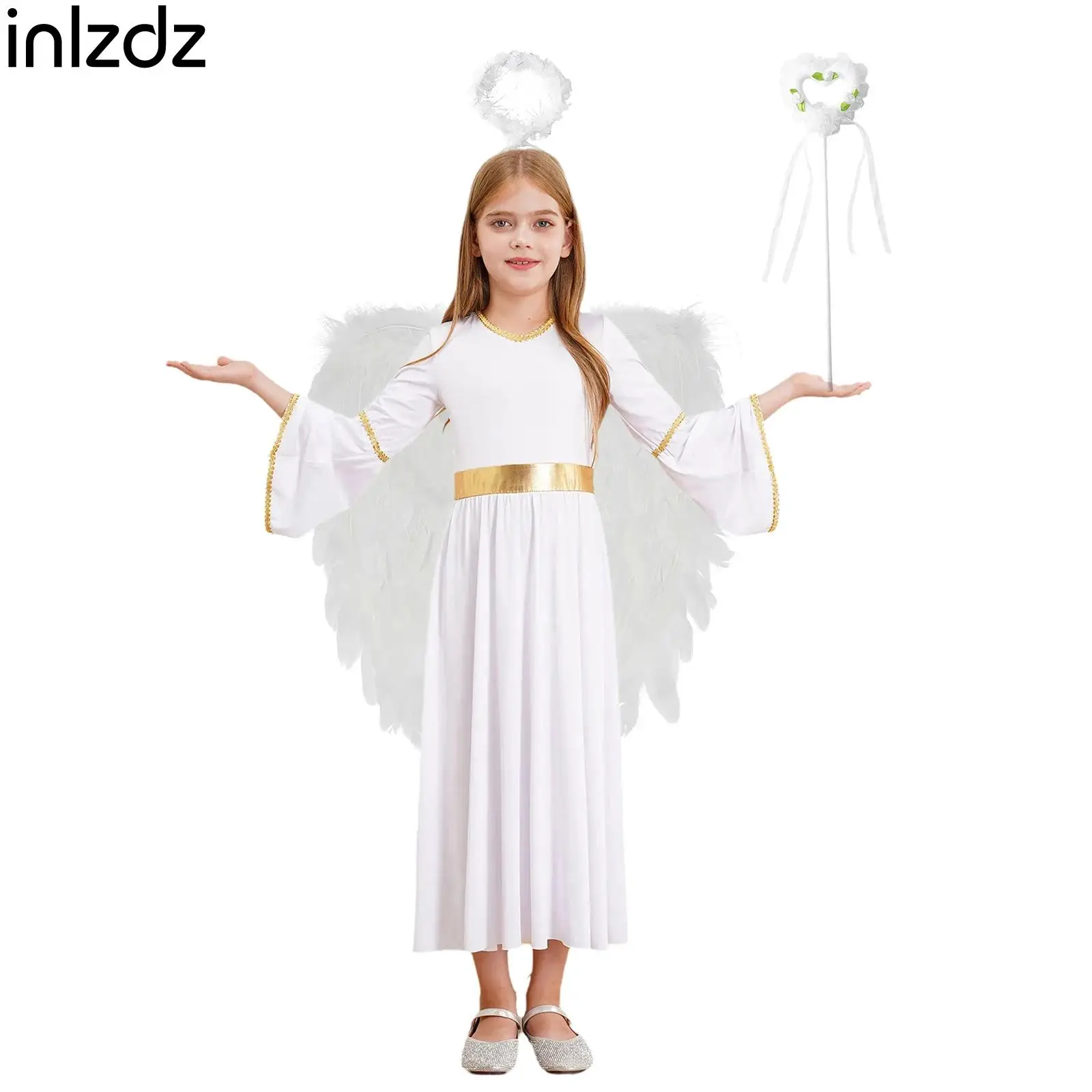 

Kids Girls Angel Cospaly Costumes Angel Dress Long Sleeve Dress for Halloween Dress Up with Angel Wings Headband And Fairy Stick