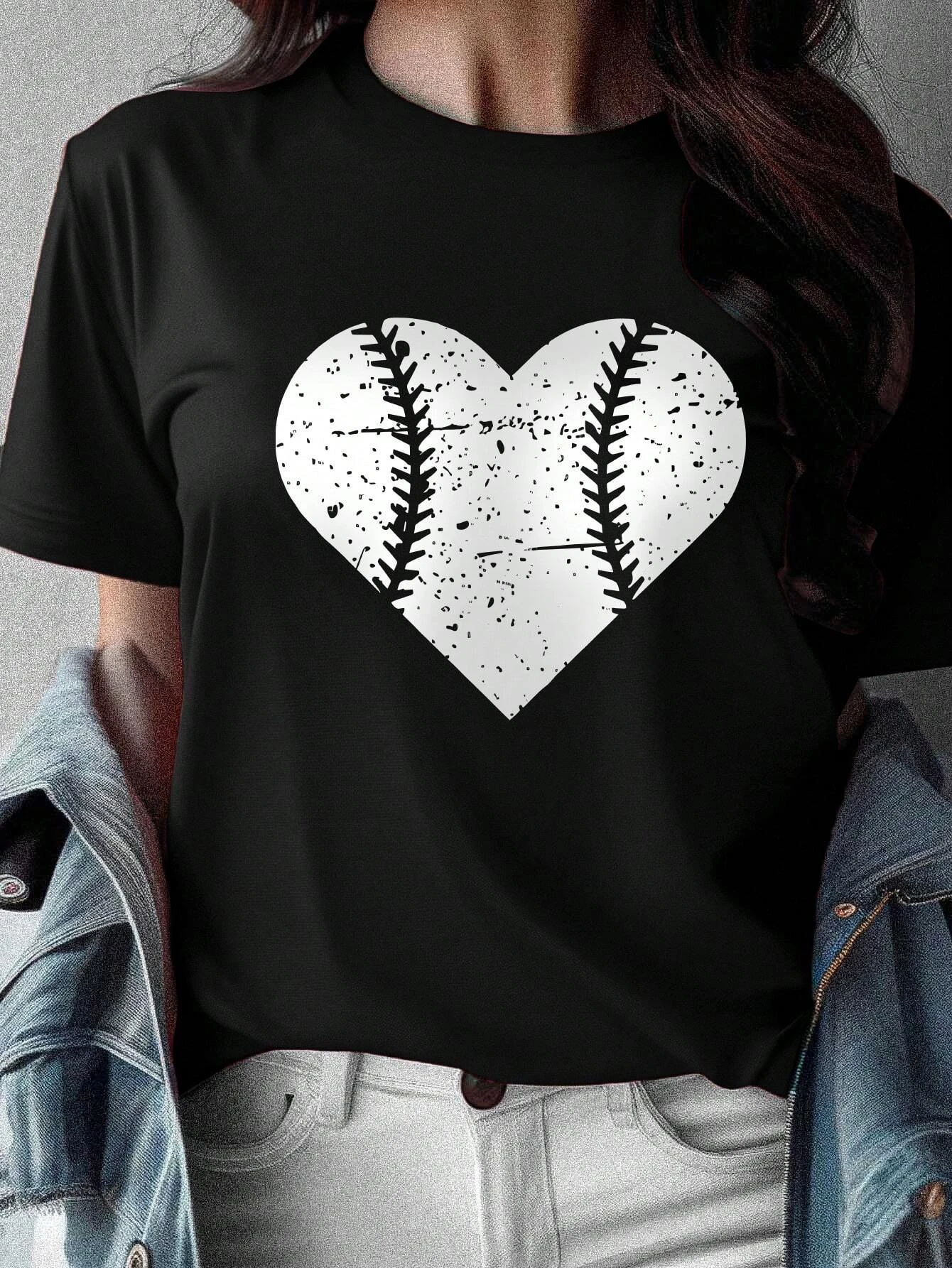 2024 spring and summer women's tops round neck heart-shaped baseball pattern printed short-sleeved T-shirt