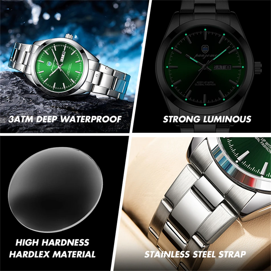 PAAZOMU Fashion Brand Male Watch Waterproof Luminous Stainless Steel Watches For Men Date Week Casual Quartz Men's Clock Reloj
