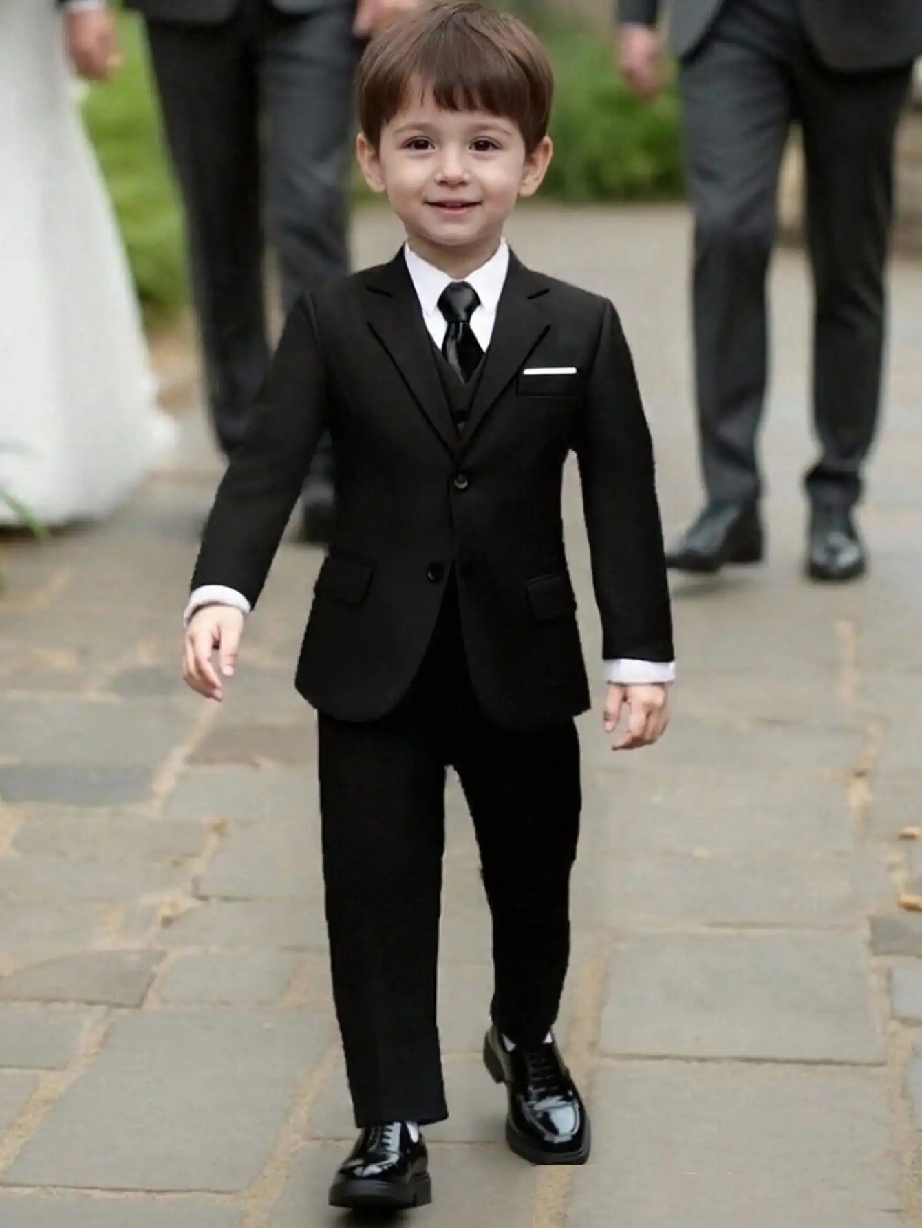 Conjunto de traje de 5 piezas para niños de 3 a 10 años, traje de esmoquin formal para niños pequeños que incluye chaqueta, chaleco, pantalones, camisa, corbata, adecuado para fiestas de cumpleaños, bodas, bautizos, aniversarios - Negro