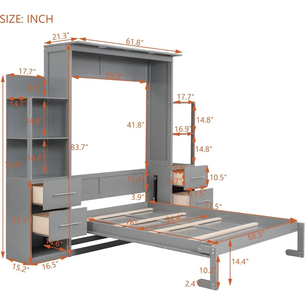 Cama Murphy de tamaño completo Cama de pared con estantes, cajones y luces LED Gabinete de cama Murphy de tamaño completo con colchón Murphy B de tamaño completo