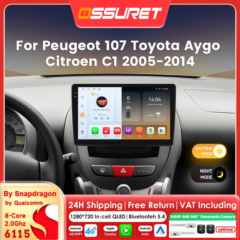Autoradio 2din Carplay Android 14 pour Peugeot 107 Toyota Aygo citroën C1 2005-2014 lecteur multimédia 6115 Autoradio GPS 360 Cam
