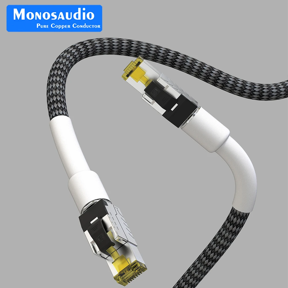 Monosaudio kabel Ethernet HiFi tembaga, 99.998% OFC CAT8 untuk Router/Laptop/komputer