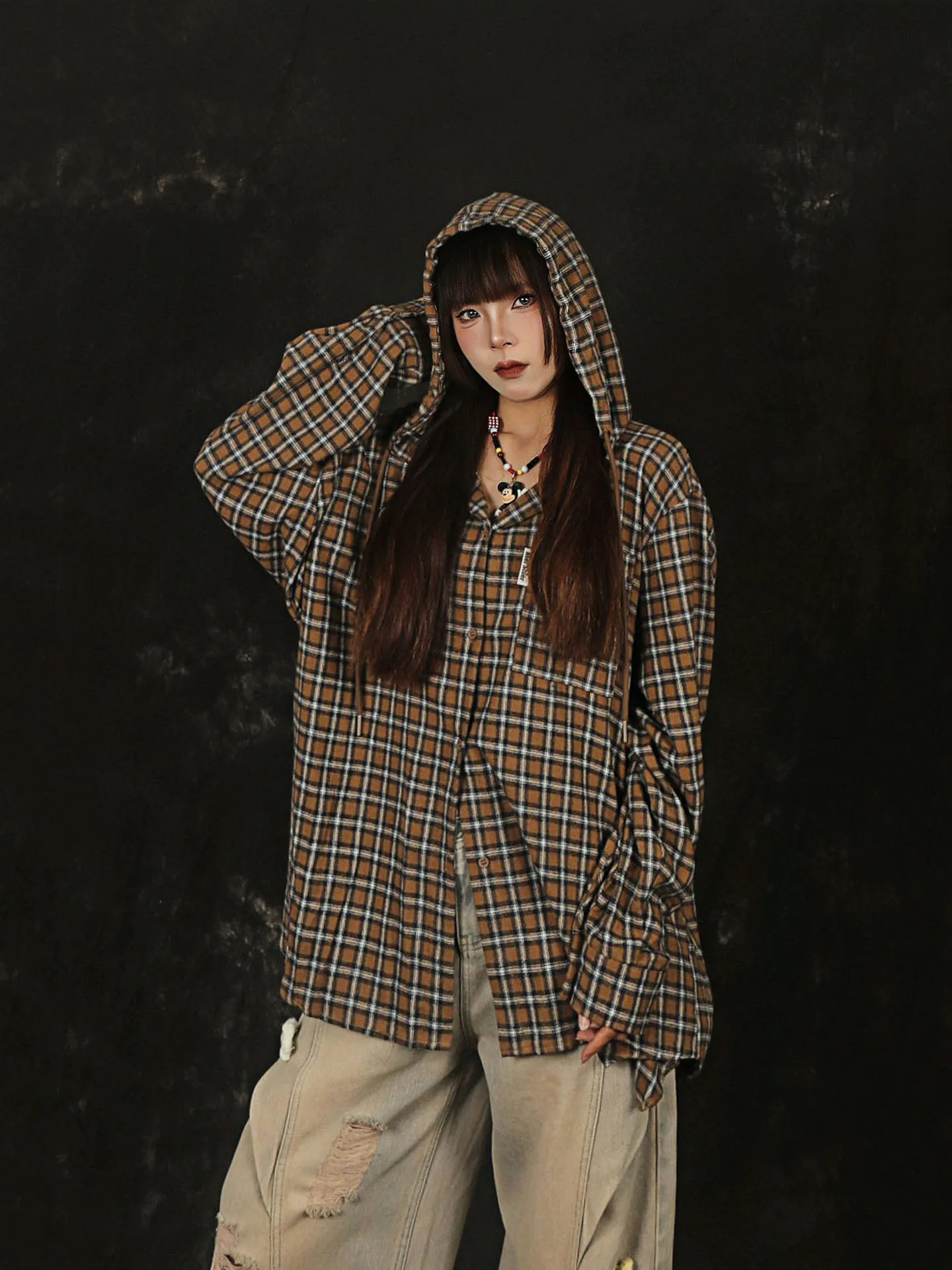 

NNK American Retro Patchwork Plaid Hooded irt Men Women Spring Autumn Loose Casual Versatile Sun Protection Hat irt Trendy