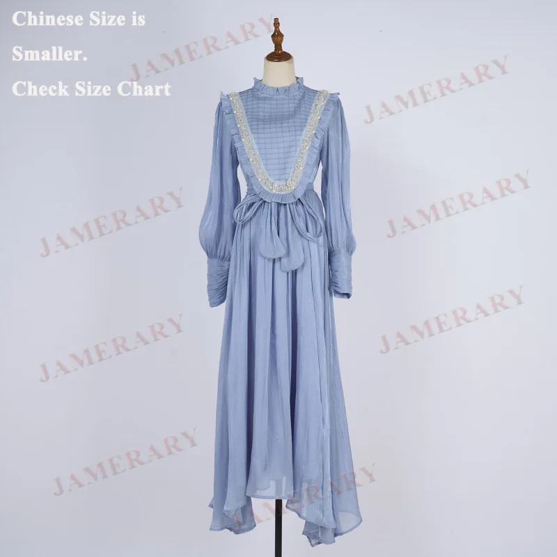 Elegant Autumn Faux Silk Luxury Bead Ruffle Neck Long Sleeve Women Dress Formal Prom Dresses Summer Vestidos