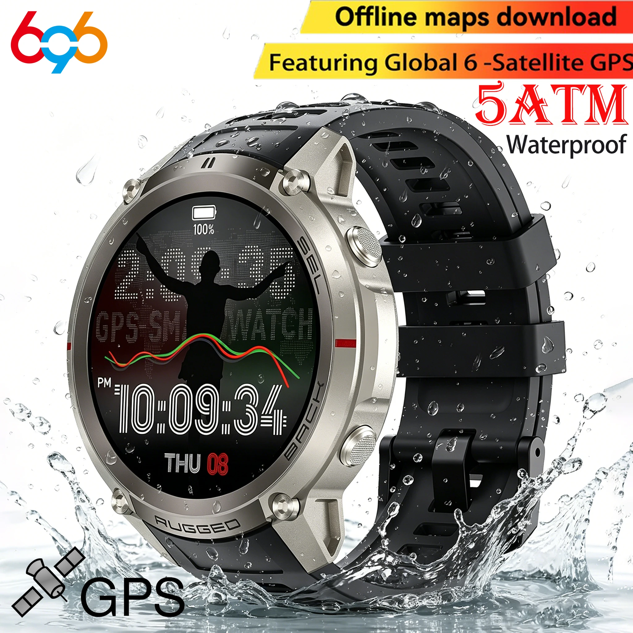 

New Durable Men GPS Outdoor Smart Watch 5ATM Waterproof Blue Tooth Call Compass Sports AMOLED Offline Map Download Smartwatch