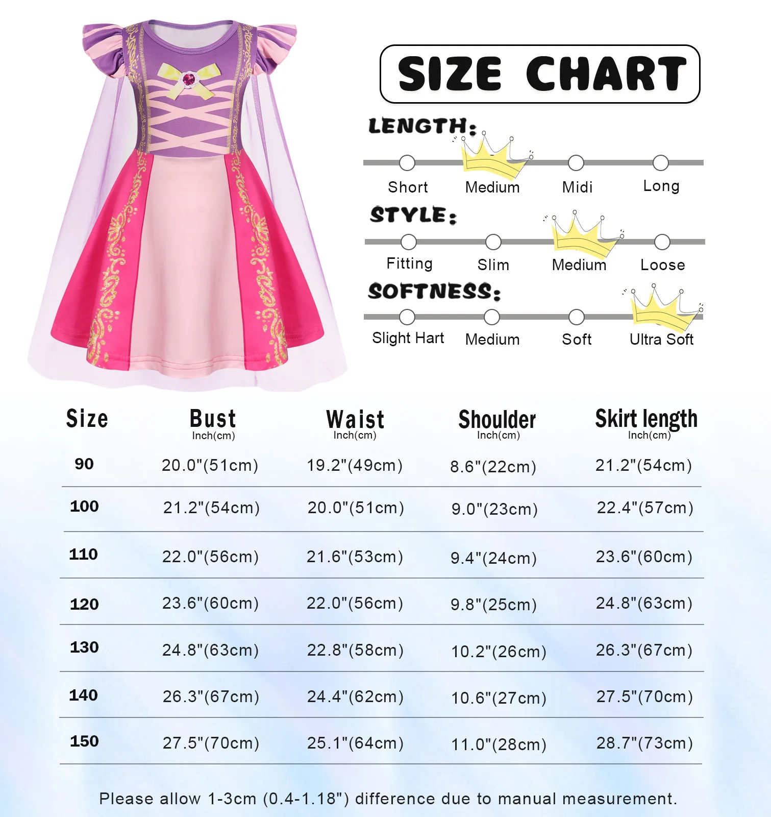 Jurebecia Princess Costume With Cape For Girls Age 3-10 Year For Birthday Halloween Party