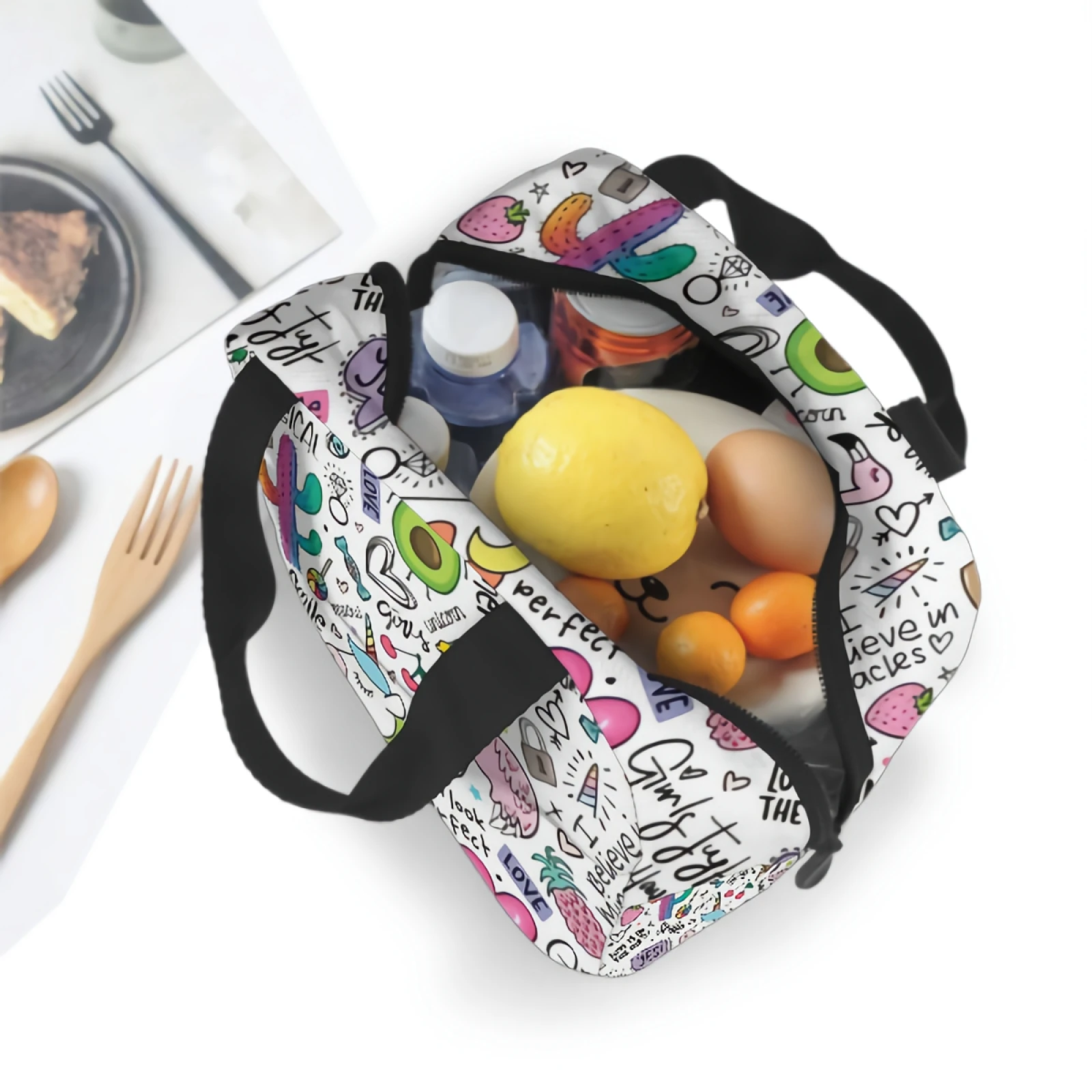 Leuke Doodle Met Eenhoorn Flamingo Cactus Ananas Geïsoleerde Lunch Tas Lunchbox Bakjes Voor Vrouwen Mannen Kantoor School Picknick