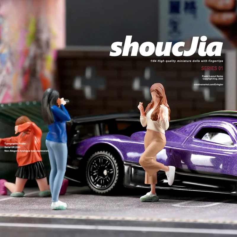 1/64 Scale Miniature Beauty Finger Heart Gesture Fashion Girls Taking Photos Model Figure Accessory Street Photography Display