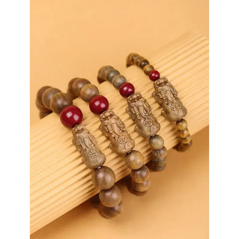 Green Sandalwood Aloes Bracelet Natural Sandalwood Brave Cinnabar Lucky Beads Men's and Women's Prayer Beads Fortune Hand String