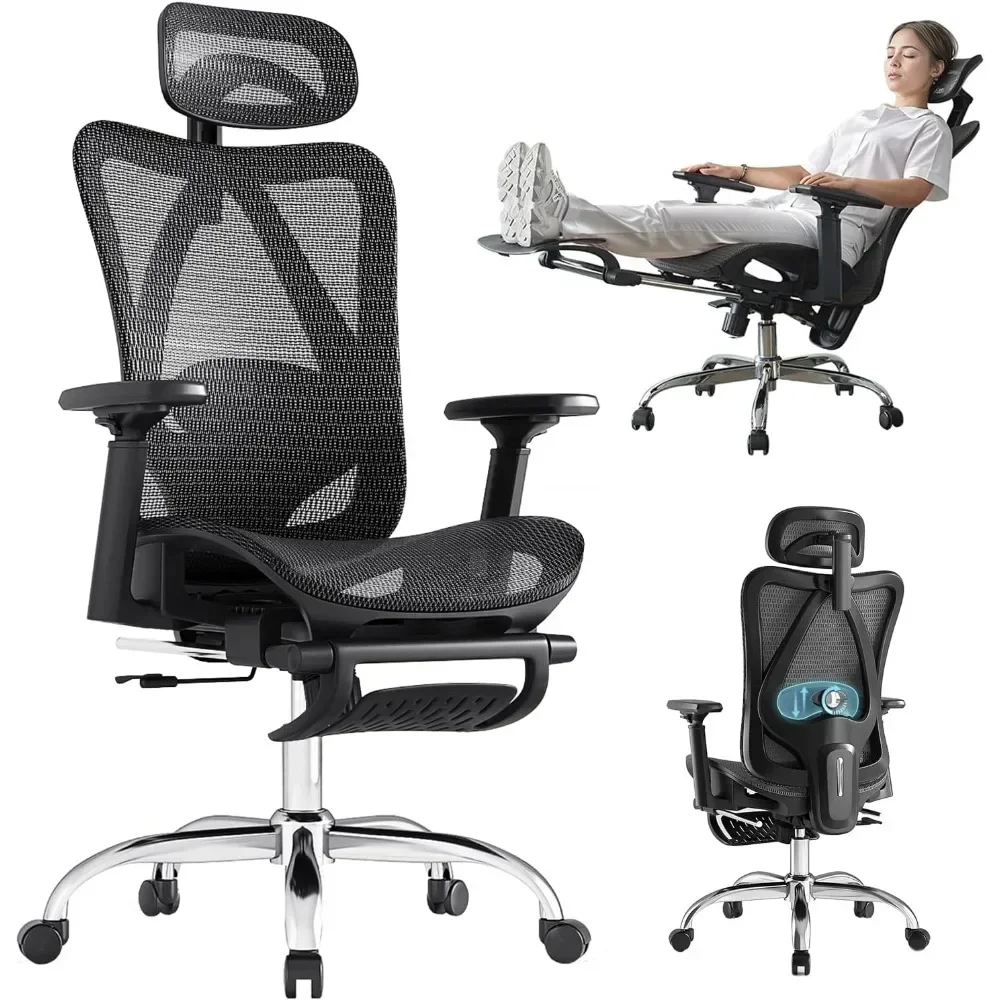 Ergonomic office chair, office chair with adjustable lumbar support, retractable footrest, mesh office chair gaming chair