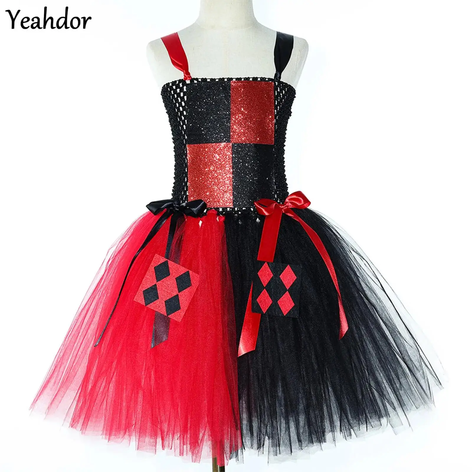 

Girls Halloween Circus Clown Cosplay Costumes Hollow Out Patchwork Puffy Tutu Dress for Christmas Birthday Party Queen Role Play