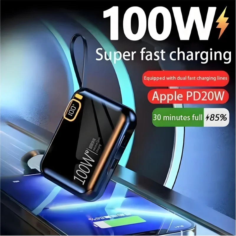 30000mah Portable Power Bank Pd100w Detachable Usb To Type C Cable Two-way Fast Charger Mini Powerbank For Iphone Xiaomi Samsung