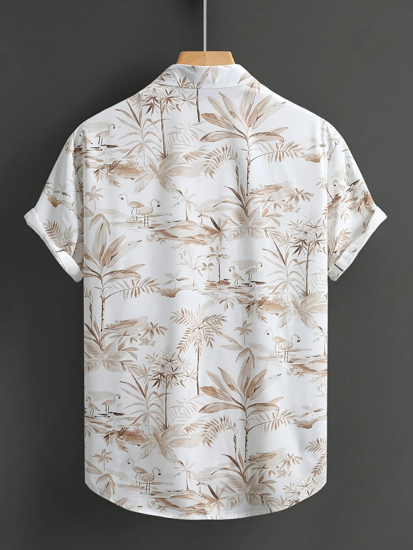 Men Beige Brown Watercolor Tropical Plant Print Short Sleeve Shirt Lapel Button‑up Vacation Casual Top