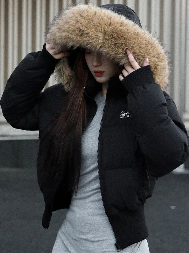 Winter Short Hatted Padded Jacket Thickened Faux Fur Collar Waist-cinching Slimming Inner Fleece High-End Feel Cotton down Coat