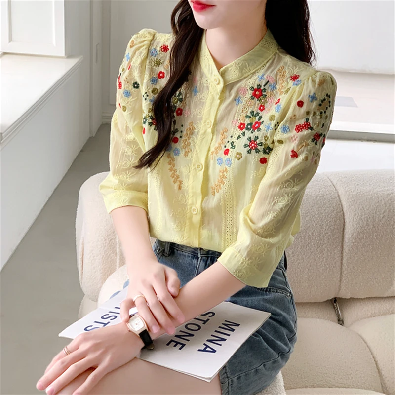 Women\'s Clothing Spring Summer Vintage Floral Embroidery Shirt Fashion Stand Collar Hollow Blouse Casual 3/4 Sleeve Cotton Tops