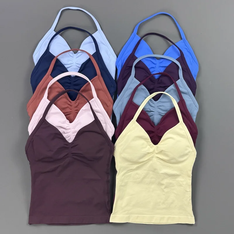Halter Neck Long Line Sports Tank Top Women Padded Slim Fit Naked Feel Breathable Workout Yoga Pilates Fitness Athletic Cami Top