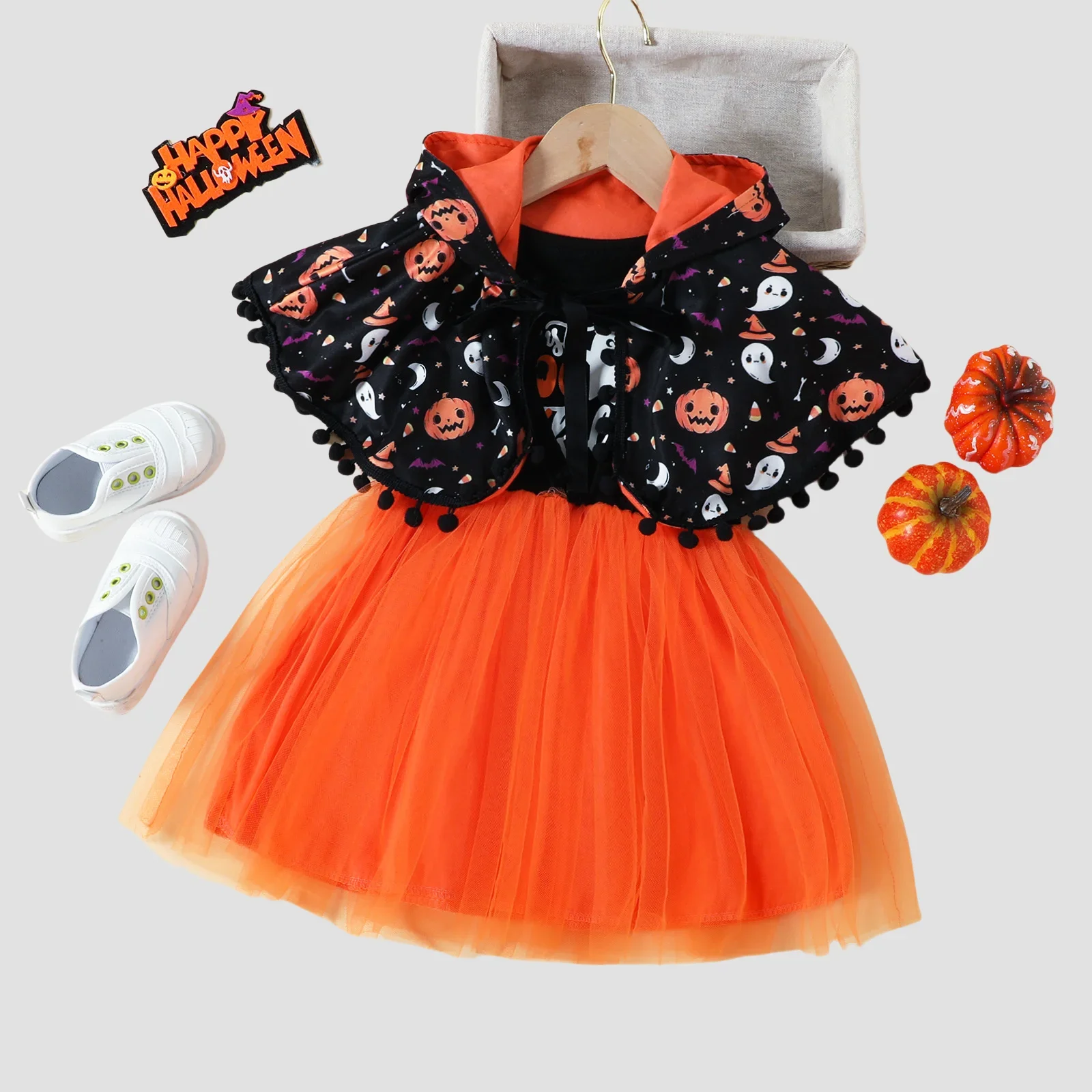 

Halloween Toddler Girls Costume Set Pumpkin Ghost Print Hooded Cape & Tulle Dress 1-6Y Kids Party Cosplay Outfit