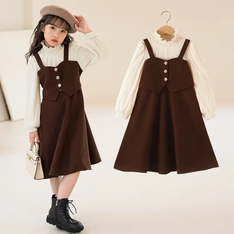 2024 Autumn Winter New Junior Girls' Dress Children's Retro Princess Dress School Girl Color Blocked Fake Thick Dress Kids Dress