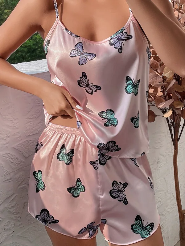 

Women's Casual Loose Pajamas Strap Printed Comfortable Home Clothes ort Sve round Ne ort Pants Summer Breathable