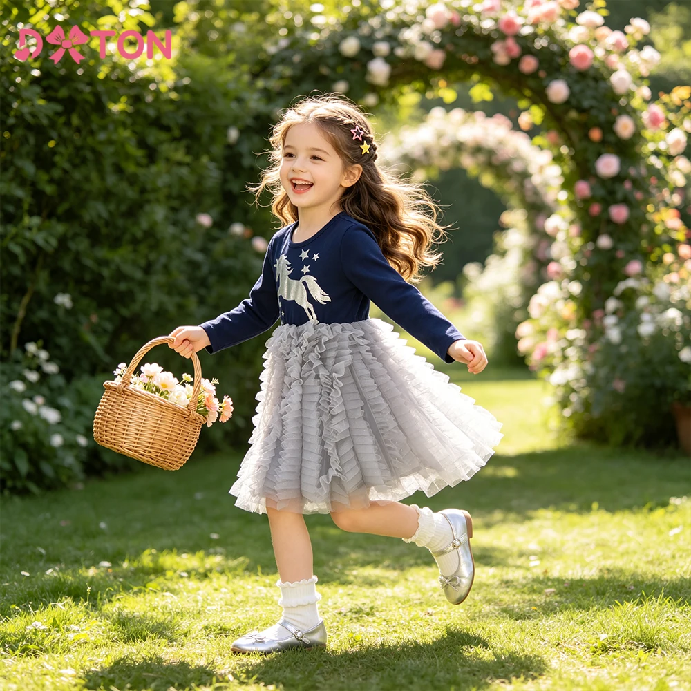 DXTON Children Casual Costumes Cotton Kids Dress For Girls Cartoon Toddler Tulle Dress Birthday Party Girls Dress Autumn Clothes