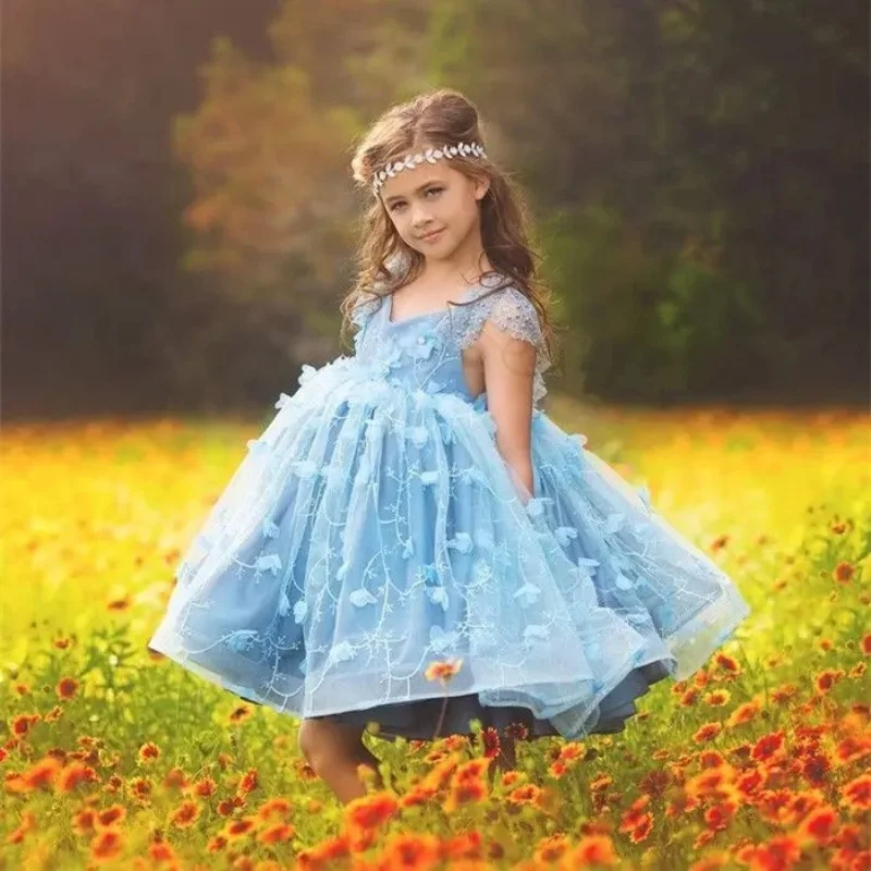 Sky Blue Flower Girl Dresses for Wedding 3D Floral Beaded Baby Girl Prom Gown for Photoshoot First Communion Gown Customized