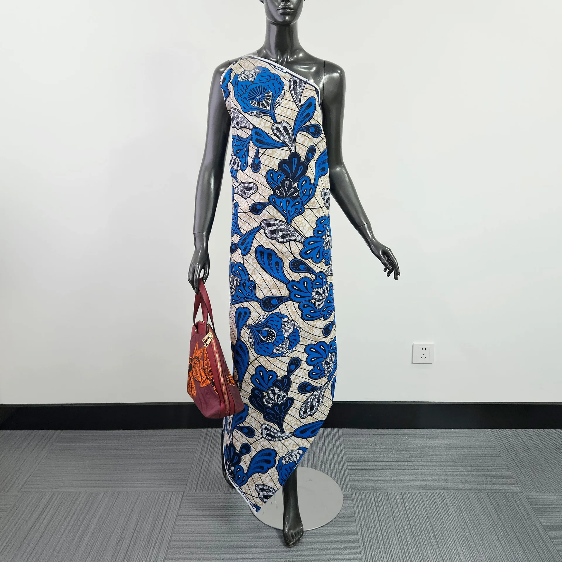 Polyester African Wax Fabric for Summer Dress Clothes Turbans Blue Floral Printed Polyester Fabric for DIY Sewing R2999