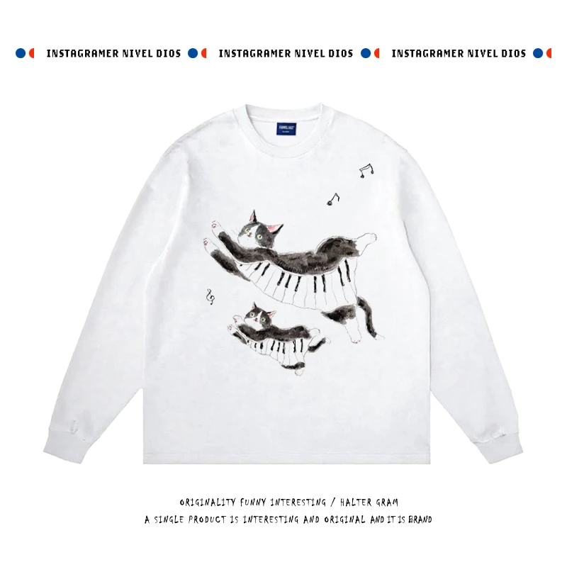 

Lazy Sle Oversize Long Sve T-irt Piano Design Bla White Note Watercolor fiti Print Breathable Cotton Summer Top