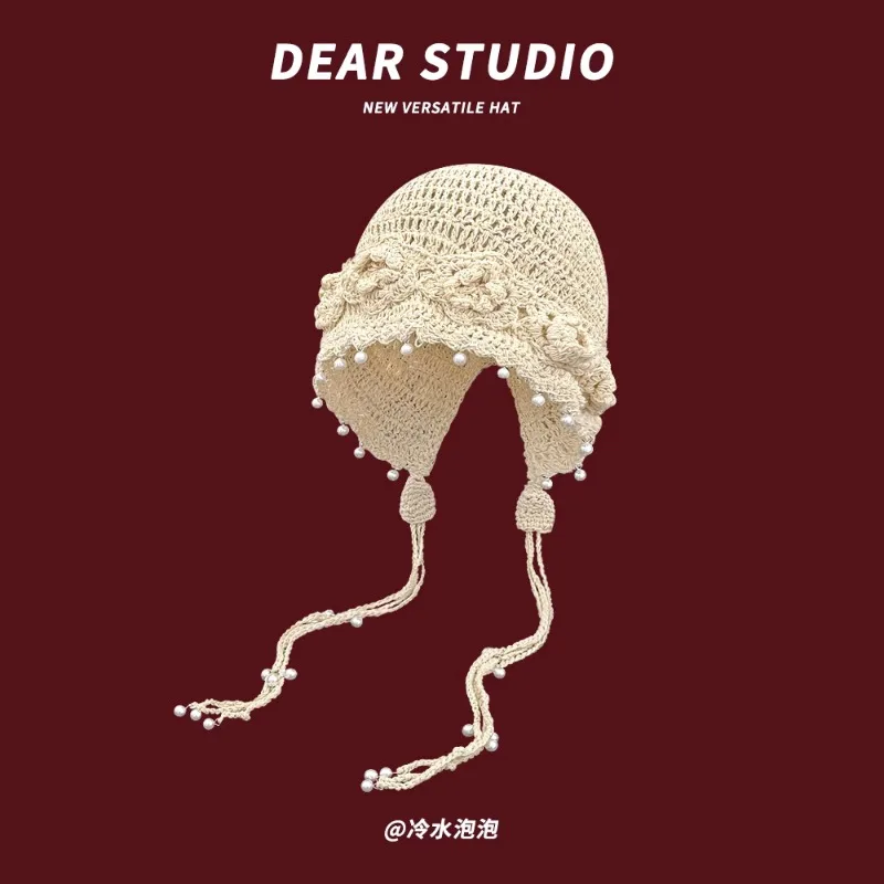 الكورية اللؤلؤ قلادة رقيقة الجوف محبوك قبعة المرأة الربيع والصيف مهدب جديلة الدانتيل متابعة كبير رئيس بلوفر كروشيه قبعة