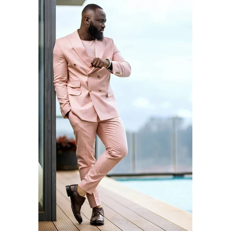 

Formal Wedding Blazer Terno Costume Pink Double Breasted Peak Lapel Regular Length Party Loose 2 Piece Jacket Pants Ropa Hombre