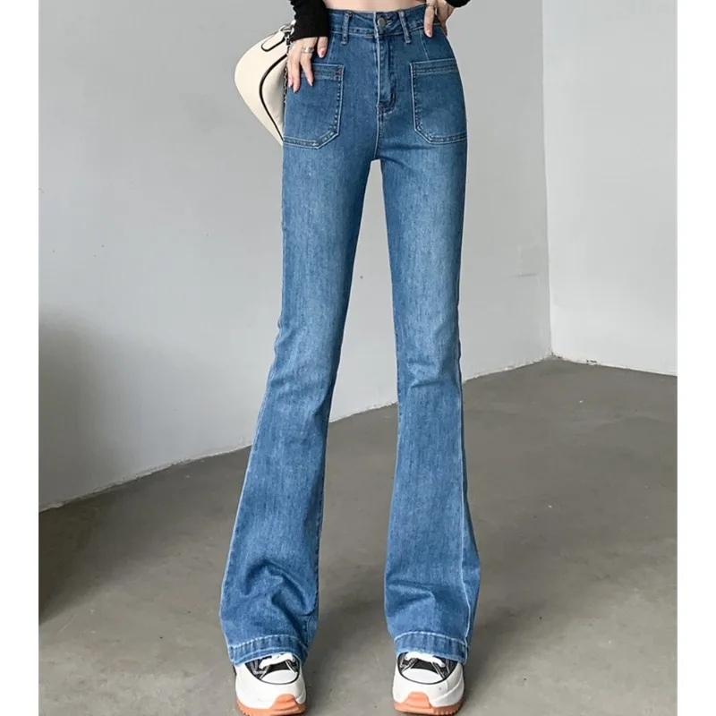 

Spring Fall Casual Vintage Pantalones Slim Vaqueros Pockets Streetwear High Waist Flare Denim Pants Women Korean Straight Jeans