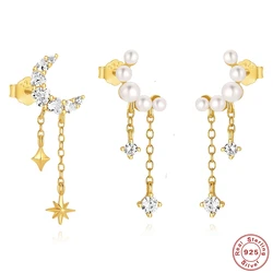 AIDE Earrings For Women 925 Sterling Silver Simple Moon Design Sweet Charms Fashion Pearl Stud Earrings Party Jewelry Best Gifts