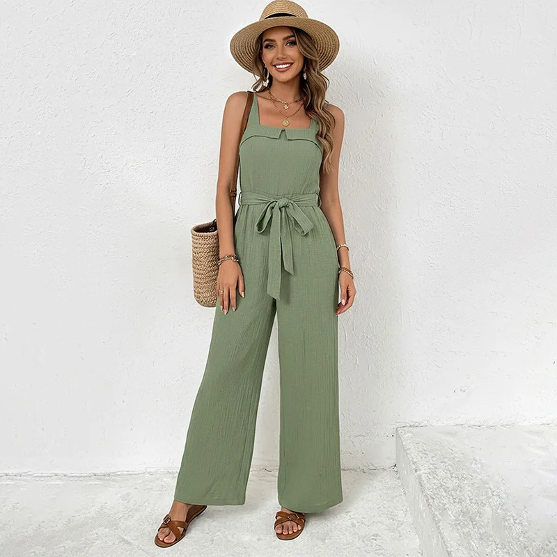 Women Sweet Fresh Solid Color Spaghetti Strap Backless Textured Jumpsuit With Belt Wide Leg Jumpsuit
