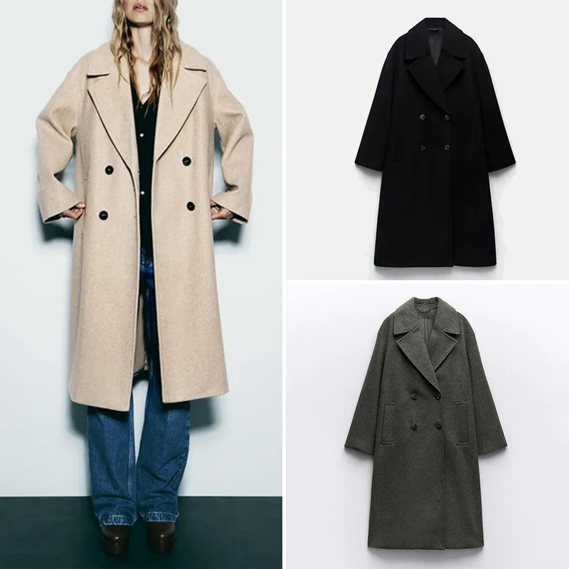 Cappotto lungo in lana Sve doppiopetto da donna Cappotto ampio in materiale morbido con risvolto Z Marca Autunno Stagione 2023