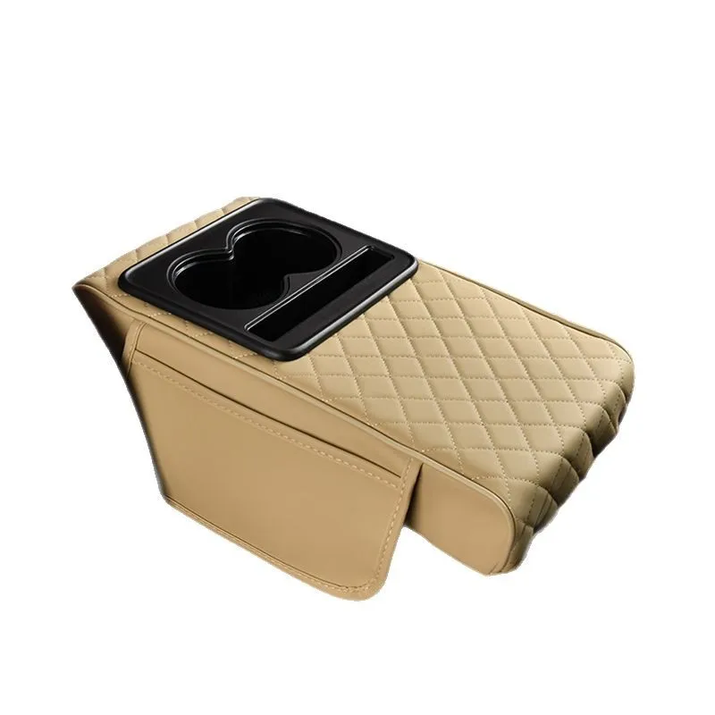 

Universal versatile leather armrest storage box with raised center elbow holder and cup holder