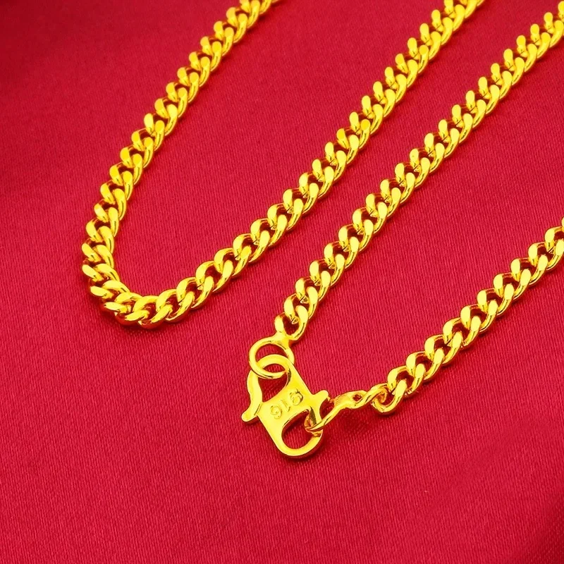 Luxurious 9999 24K genuine gold women's flat chain gold necklace, simple and elegant women's gold jewelry necklace,