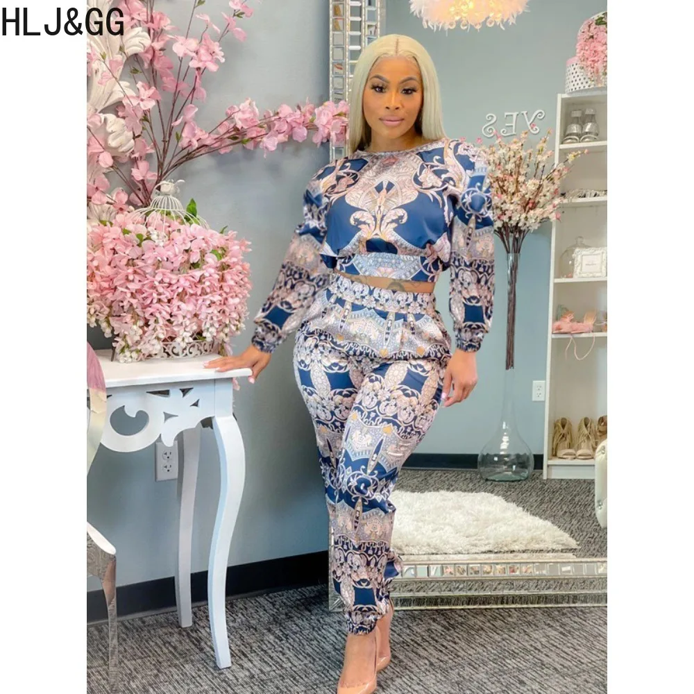 HLJ&GG Spring New Retro Pattern Print Bandage Two Piece Sets Women O Neck Long Sleeve Crop Top And Pants Outfits Female OL Suits