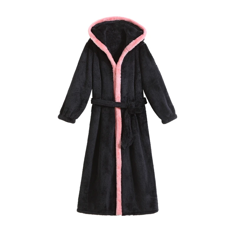 Sweet Hooded Flannel Robe Sleepwear Coral Fleece Female Long Sleeved Bathrobe Winter Warm Thick Nightgown Home Dressing Gown