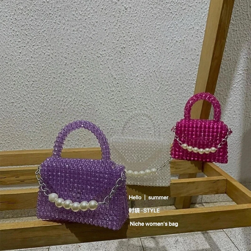 

Customized Crystal Bags New Fashion Texture Beaded Weaving Flap Dinner Celebrity Handbag Handmade Pearl Chain Design Women's Bag