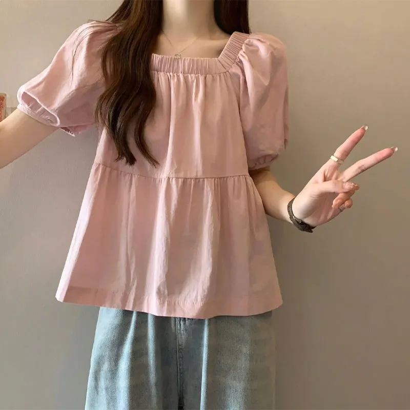 2024 Summer Puff Sleeve Shirt Elegant Square Collar Elastic Women\'s Clothing Fashion Folds Spliced Solid Color All-match Blouse