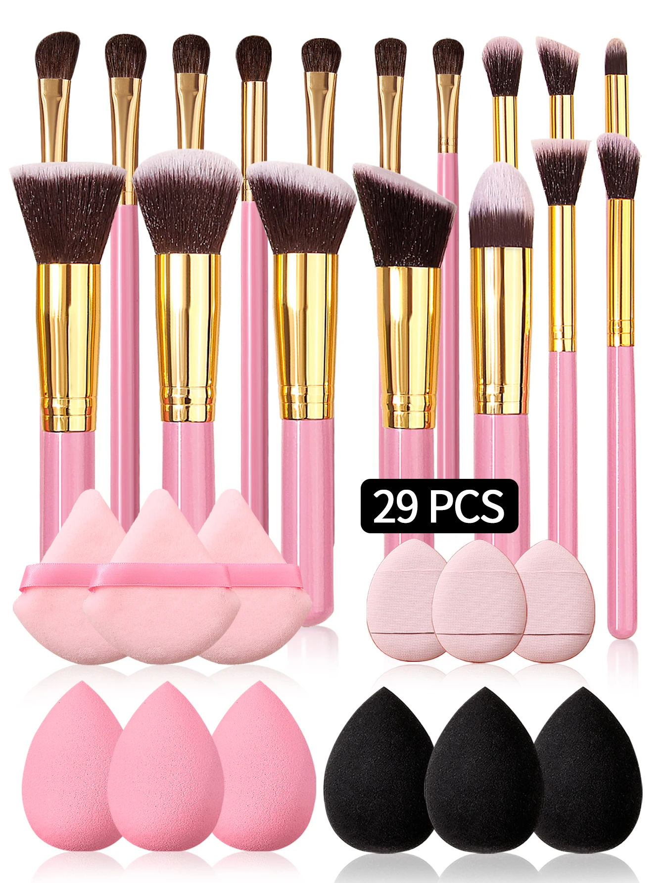 Makeup Brush Cushion Puff Set Pink Kabuki Foundation Powder Concealer Eyeshadow Eyebrow Brushes Mini Triangle Puff